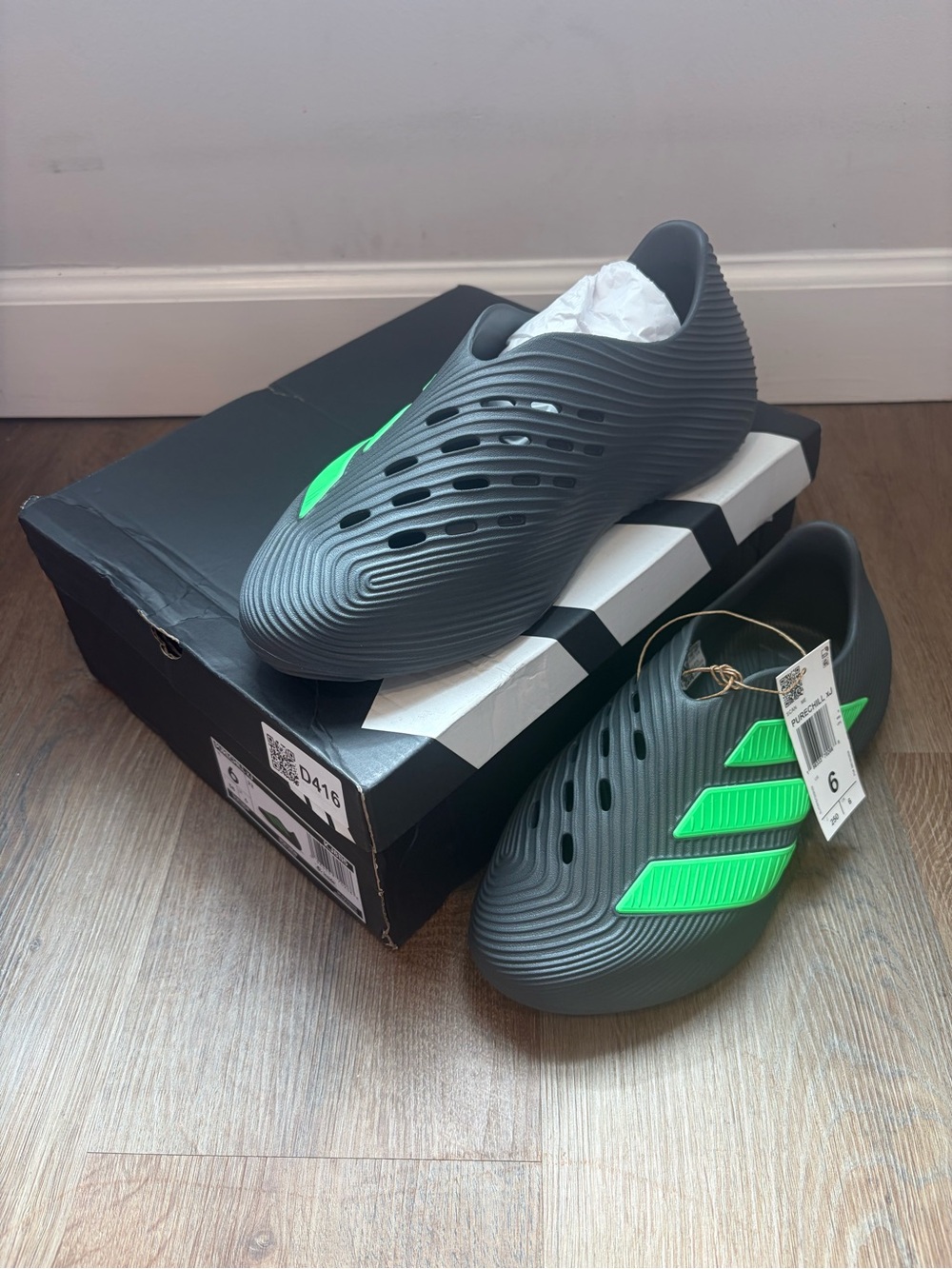 adidas Men's Charcoal Slip-On Athletic Clog with Neon Green Stripes